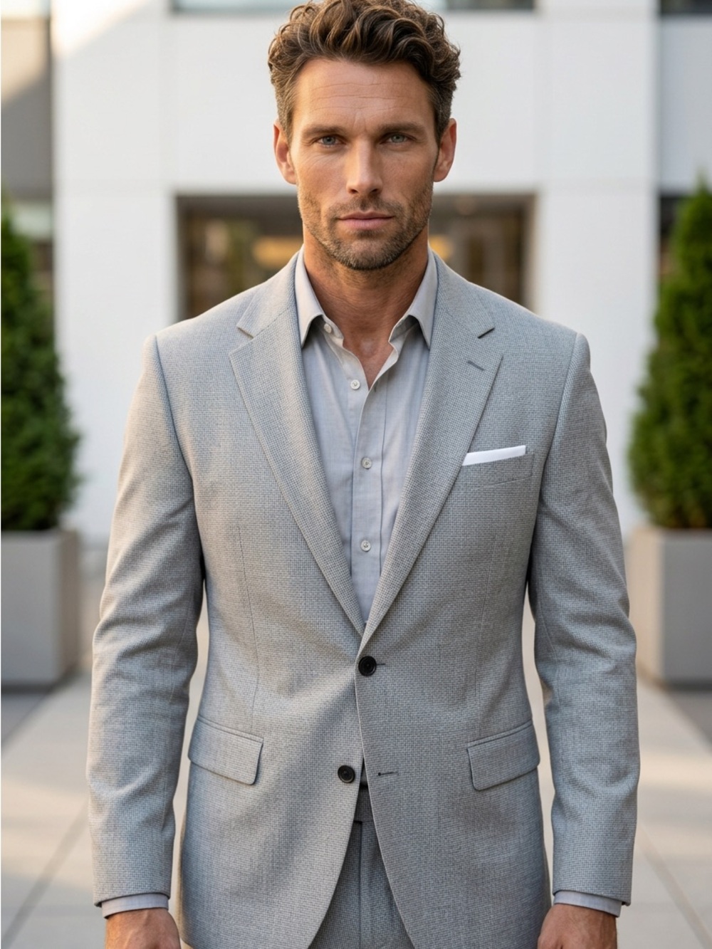 Men's Light Gray Two-Button Textured Suit Jacket